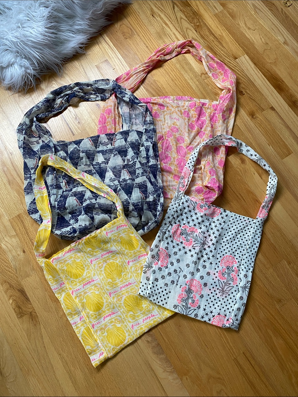 Free People Mixed Pattern Cotton Gauze Tote Set - Pink, Yellow, Navy, White Lot